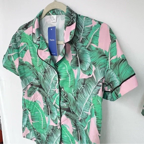 NWT! Floerns Women's Notch Collar Green/Pink Palm Print 2-Piece PJ Set, Size Sm - Picture 7 of 8